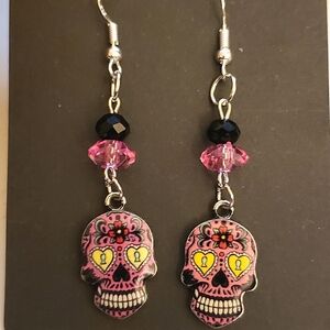Handmade Beaded Halloween Pink Black Candy skull Day of the Dead earrings